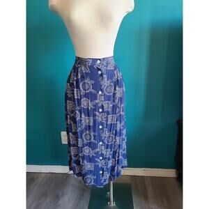 Vintage Blue and White Button Front Rayon Midi Skirt Paisley Floral